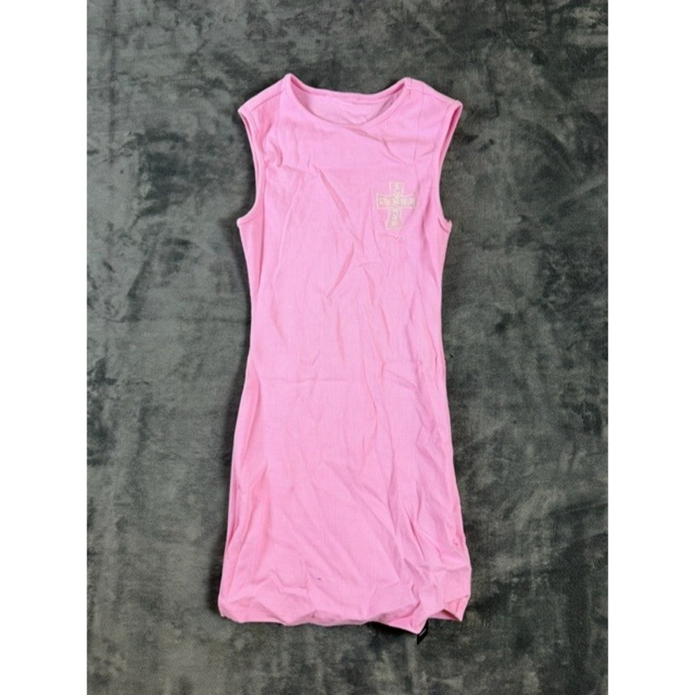 Sumwon Pink Ribbed Sleeveless Mini Dress Cross Graphic Y2K Streetwear XS NEW